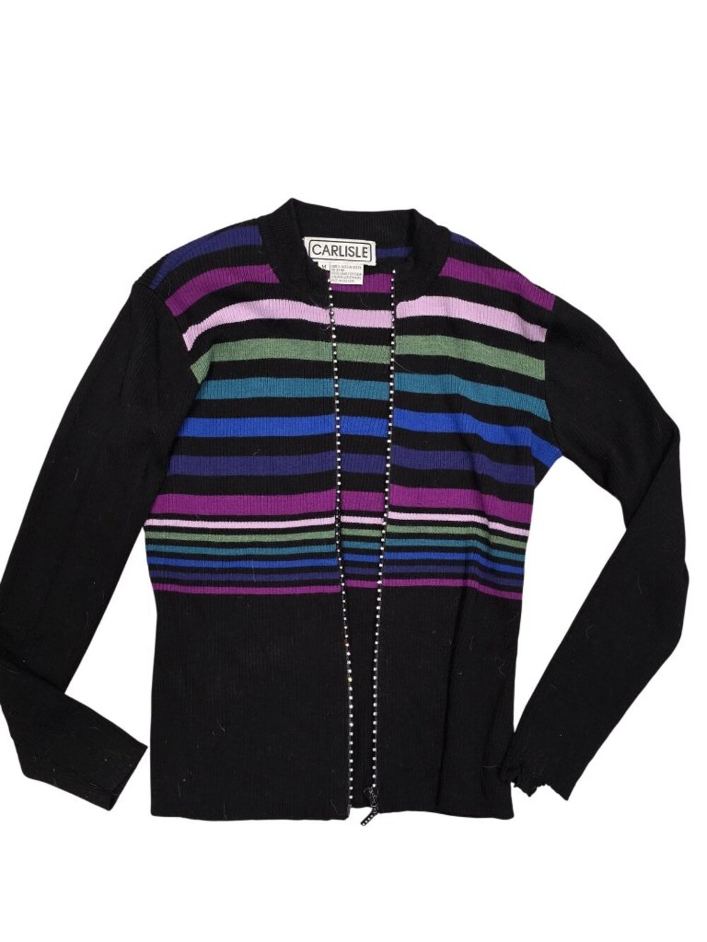 Carlisle Striped Wool Cardigan Sweater With Rhinestone Zipper Size M